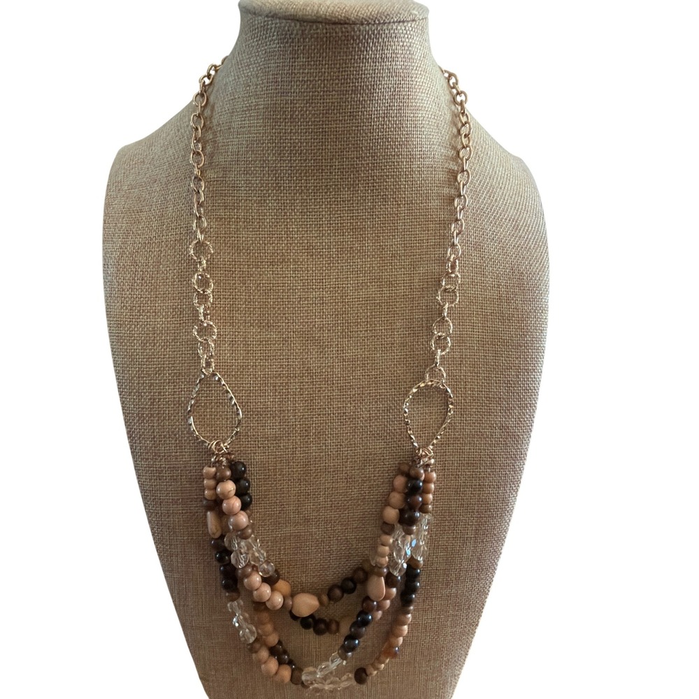 Multi Strand Beaded Necklace Gold Tone Earthy Neutral Wood Crystal Boho Earthy